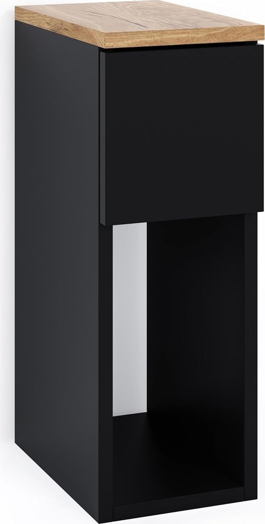 A black bedside table with a wooden top.