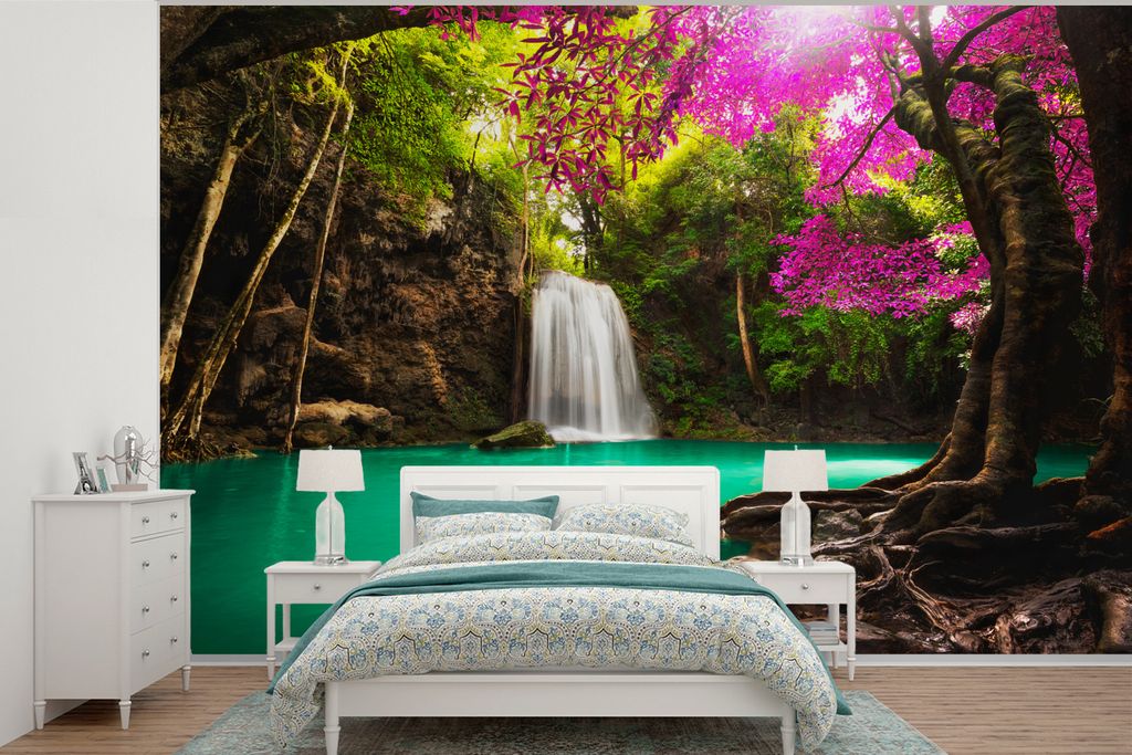 MuchoWow Fototapete für Wohnzimmer oder Schlafzimmer Wandtapete Vinyl Motivtapete Wasserfall mit bunten Blumen und Bäumen - Natur - Dschungel -...
