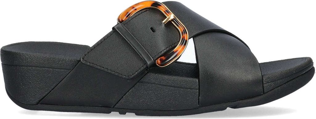 FitFlop Lulu Resin-Buckle Leather Cross Slides All Black Größe EU 37