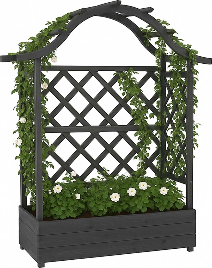 Hochbeet HWC-P66, Pflanz-/Blumenkasten Pflanzkübel Rankgitter Rankhilfe Spalier Holz 138x110x44cm anthrazit-grau