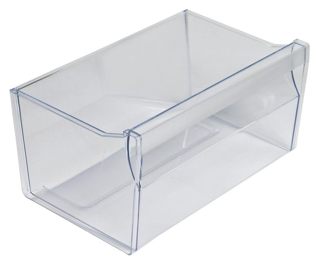 A clear plastic drawer or bin, likely for a refrigerator or freezer.