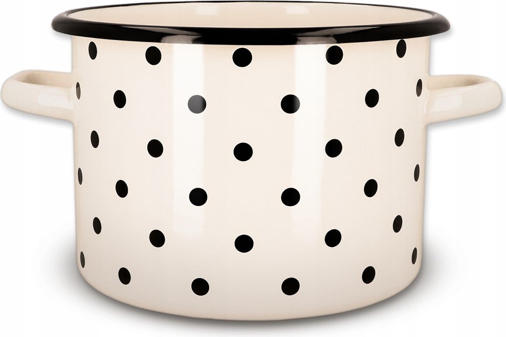 A cream-colored enamel pot with black polka dots and black trim around the rim and handles.
