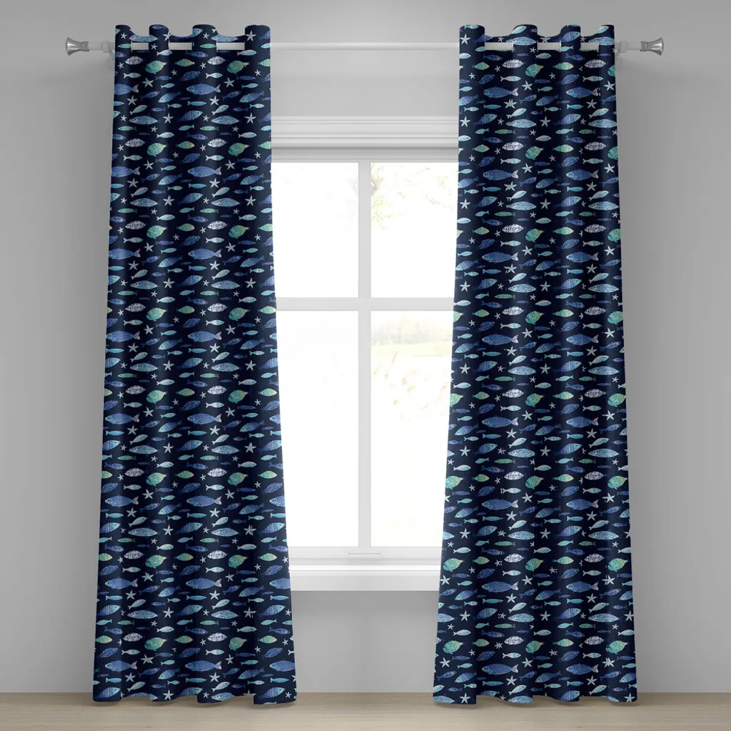 Rideau à œillets poissons bleu marine 280x175 cm ABAKUHAUS Seafoam