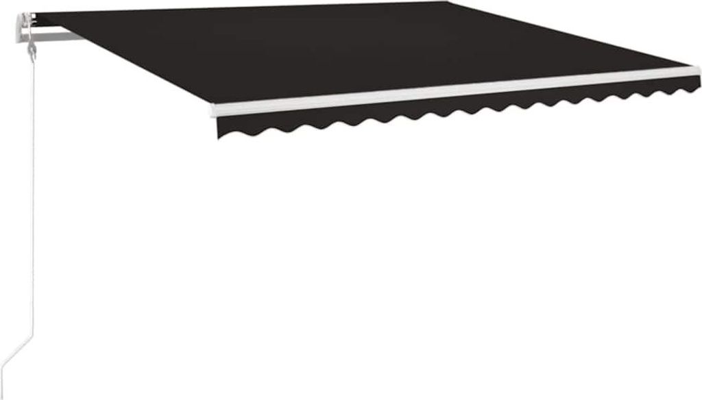 A black retractable awning with a white scalloped trim is mounted on a white bracket and extended.