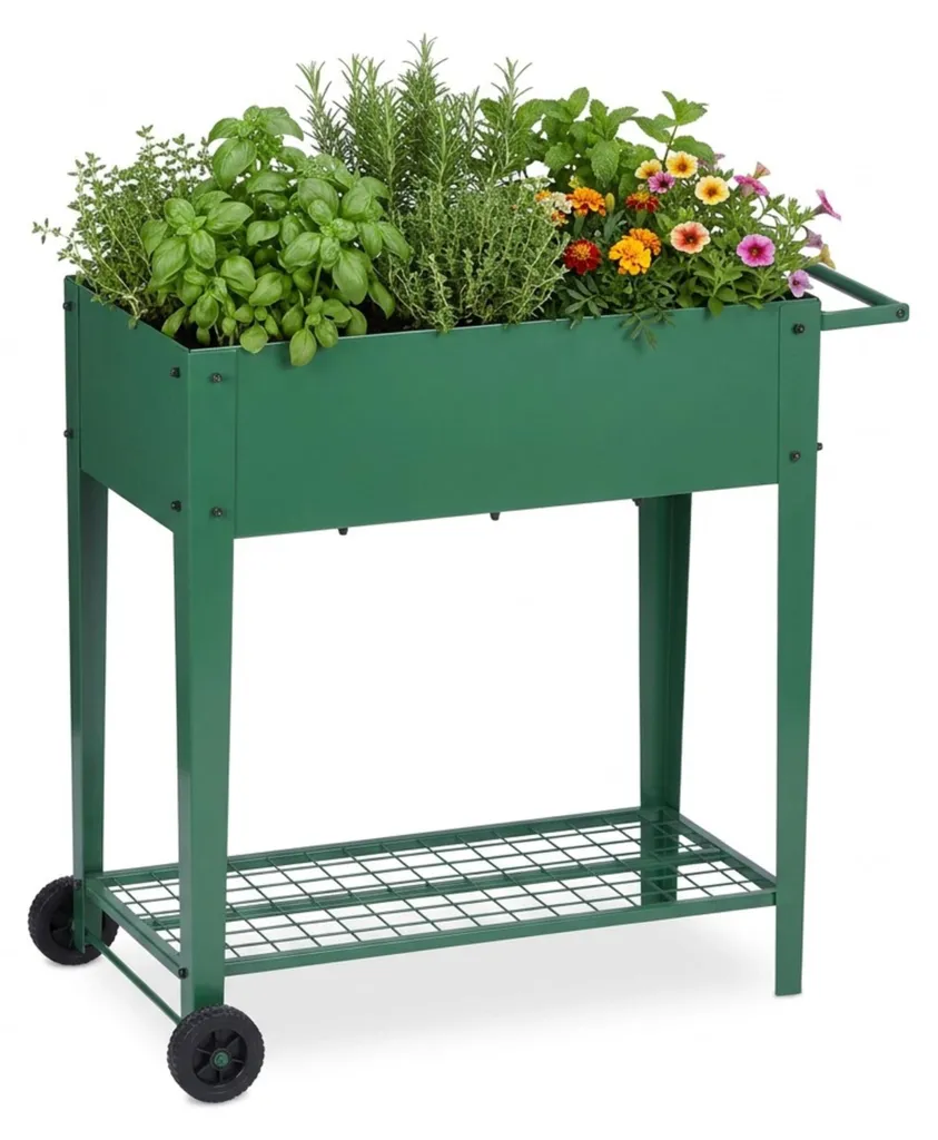 Carré potager sur pied avec roues et tablette de rangement extérieure