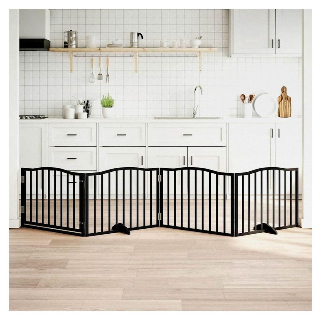 Faltbares Hundegitter mit Tür, 4 Paneele, Schwarz, 320 cm, Pappelholz, Modulares Haustiertor für Zimmer, Durchgänge und Korridore für kleine Ti...