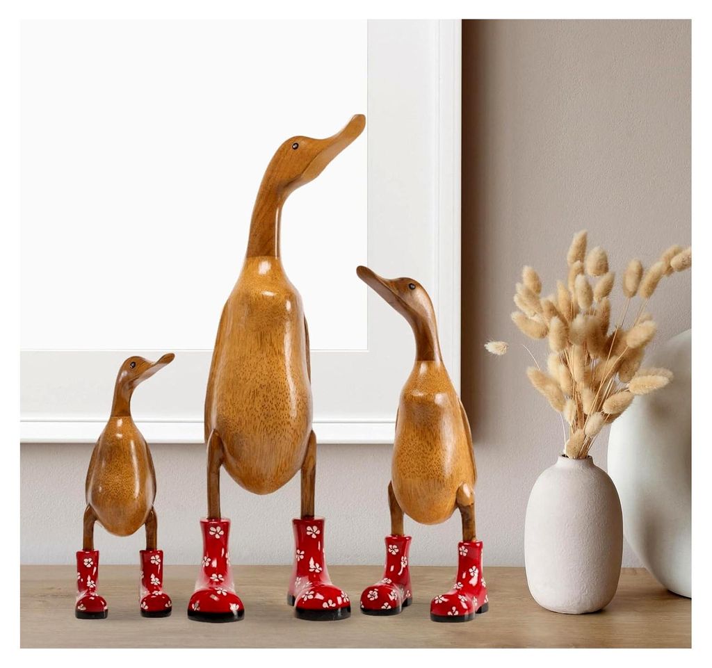 Holzfigur Ente Stiefel ROT GEBLÜMT 100% Natur - Handgefertigte Holzfigur 26 cm