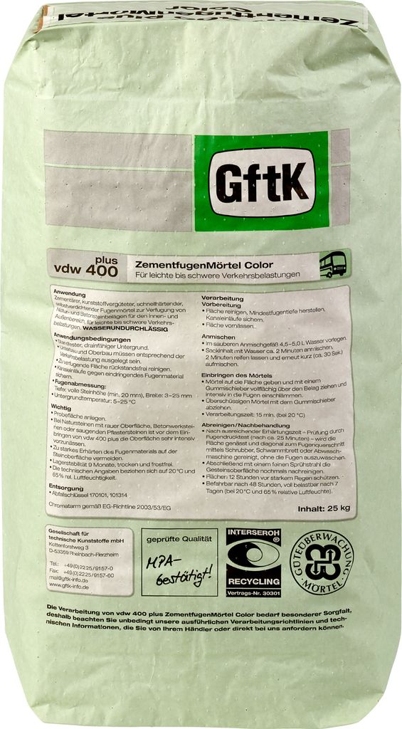 vdw 400 ZementfugenMörtel 25kg zementgrau Produktbild 