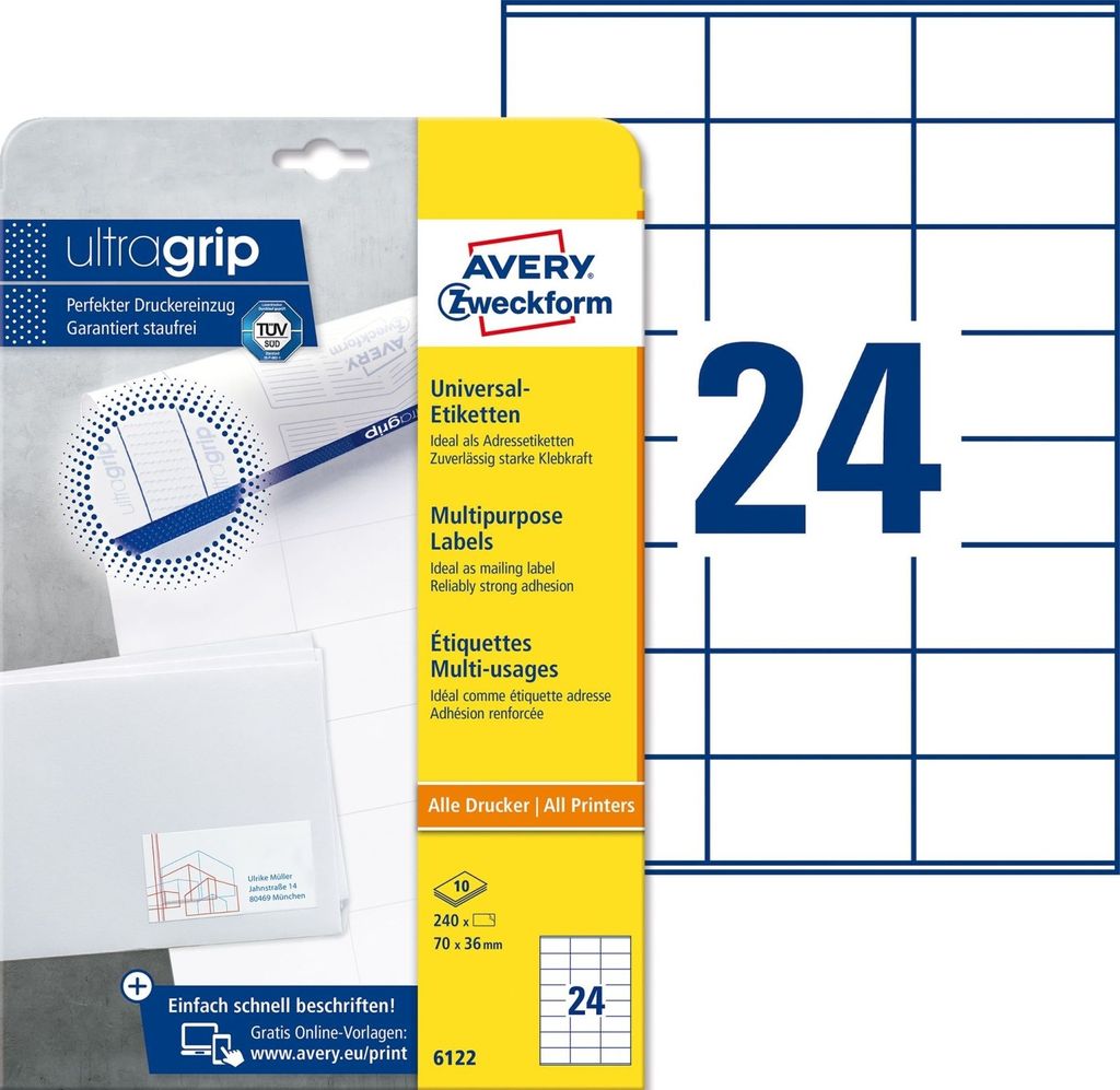 Universal-Etiketten ultragrip 70x36 mm VE=50x240 Etiketten / 10 Bogen weiß