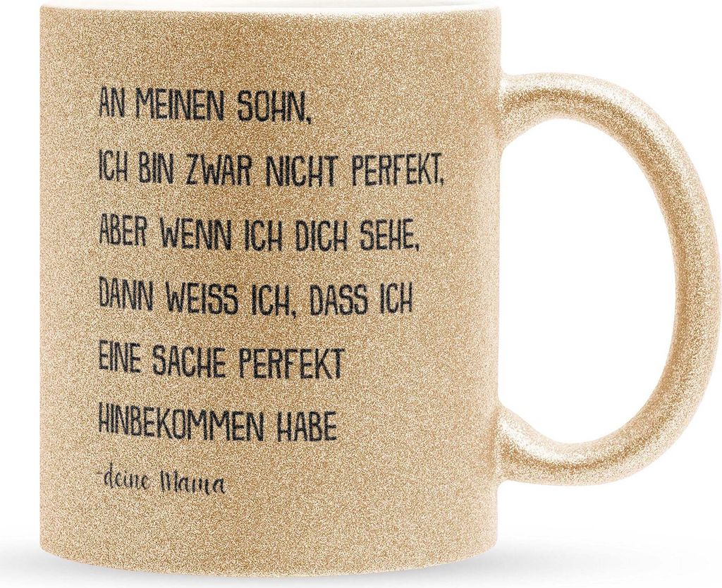 22Feels Glitzertasse Gold Sohn Geschenk von Mama Geburtstag 18 Jahre Kinder Jungs Abitur Master Uni Abschluss Bachelor Weihnachten Haferl Firmung K...