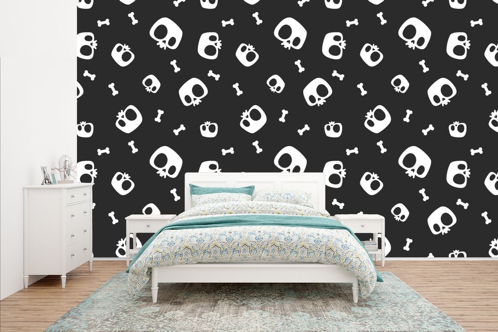 MuchoWow Fototapete für Wohnzimmer oder Schlafzimmer Wandtapete Vinyl Motivtapete Muster - Schädel - Skelett - Knochen - Junge - Kinder - Kinde...