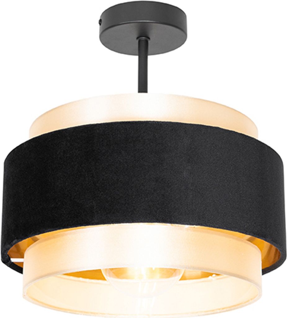 QAZQA - Moderne Deckenlampe Schwarz mit Gold I Messing - Elif I Wohnzimmer I Schlafzimmer - Textil Rund - LED geeignet E27