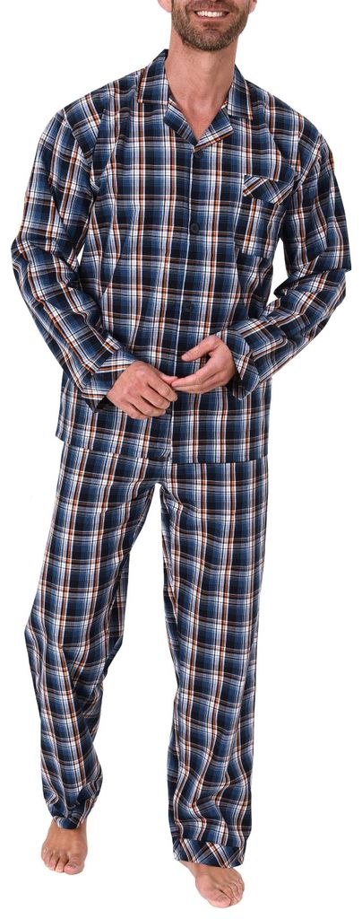 Edler Herren Pyjama langarm Schlafanzug gewebt zum Knöpfen im Karo Design - 65342 ; blau , 50