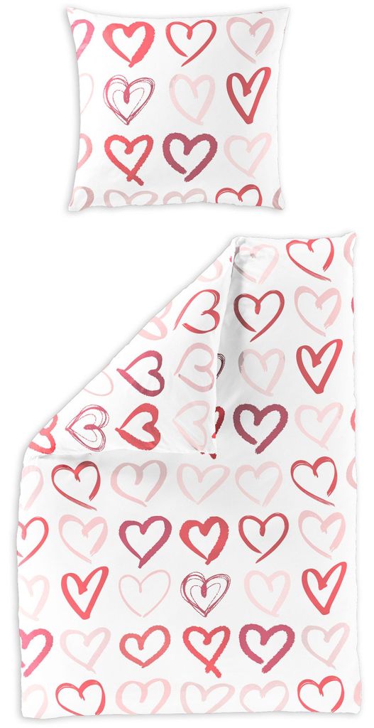 Bierbaum Mako-Satin Bettwäsche 155x220 Herzen weiß rot rosa Produktbild 