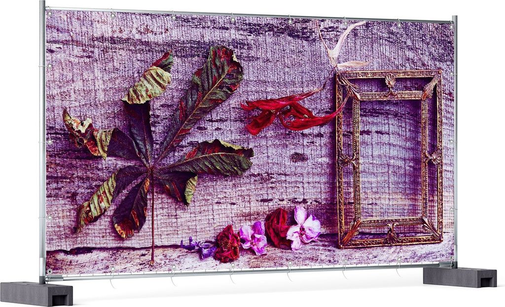 Wallario XXL Outdoor-Poster für Garten oder Balkon, Motiv Getrocknete Blätter - Herbst Stillleben in lila, in ca. 340 x 173 cm