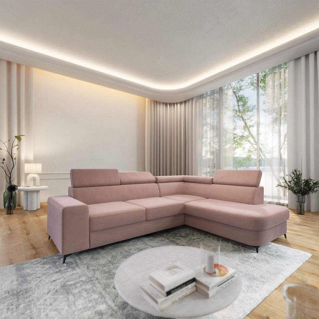 Masseno Ecksofa ALVORO R-S mit Schlaffunktion L-Form, Sofa mit Bettkasten, Wohnzimmersofa, Couch, Soffa, Bettsofa, Couchgarnitur- Rosa, MATT VELVET 61