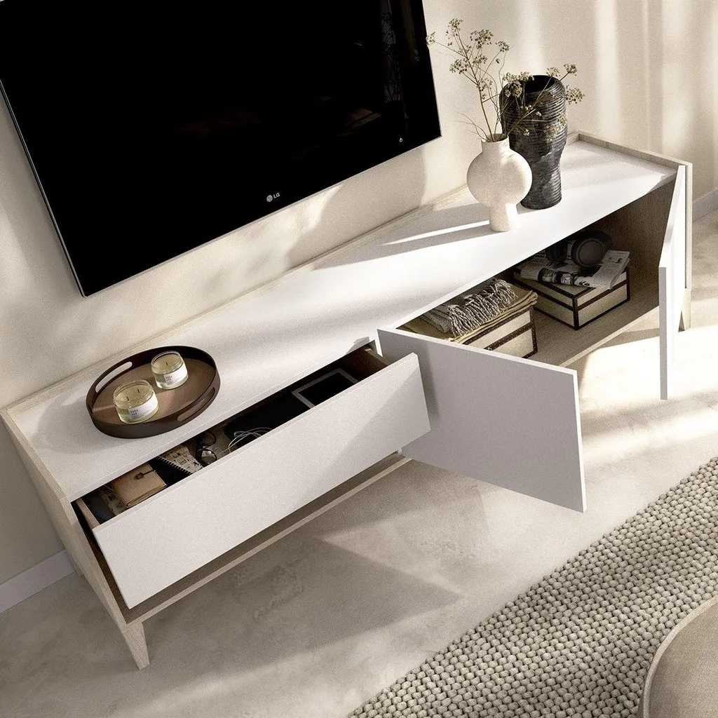 Banc TV blanc modulable et extensible avec rangements ouverts