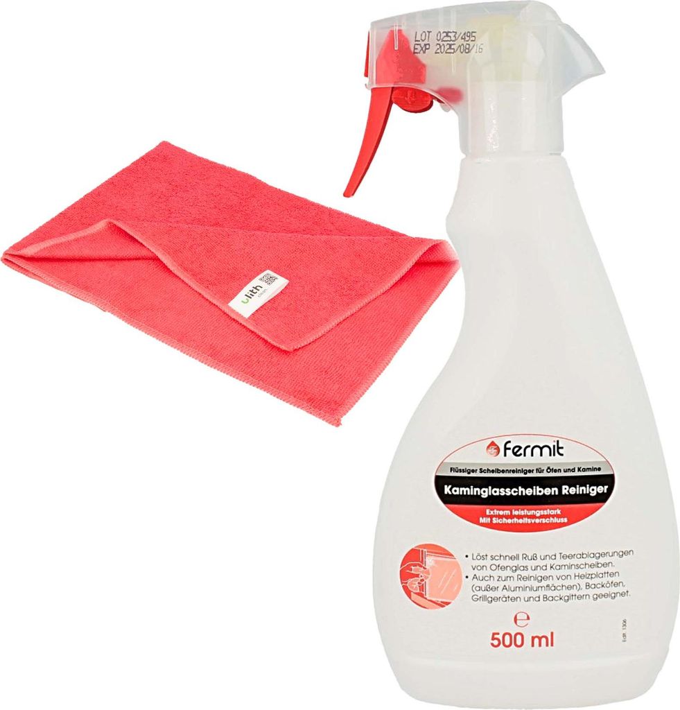 tecuro Kaminglasscheiben Reiniger 500 ml Sprühflasche inkl. Mikrofasertuch