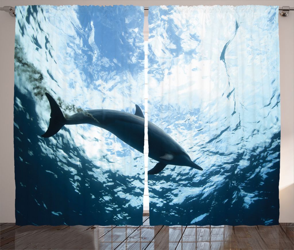 ABAKUHAUS Tierdruck Rustikaler Gardine, Schwimmen-Delphin, Schlafzimmer Kräuselband Vorhang mit Schlaufen und Haken, 280 x 245 cm, Blau grau