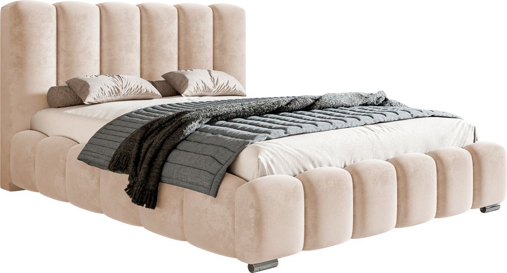 MOTIVENA Grand Bubble Bett 140x200, Polsterbett 140x200 mit Bettkasten, Polsterbett 140x200 Samt, Beige Creme