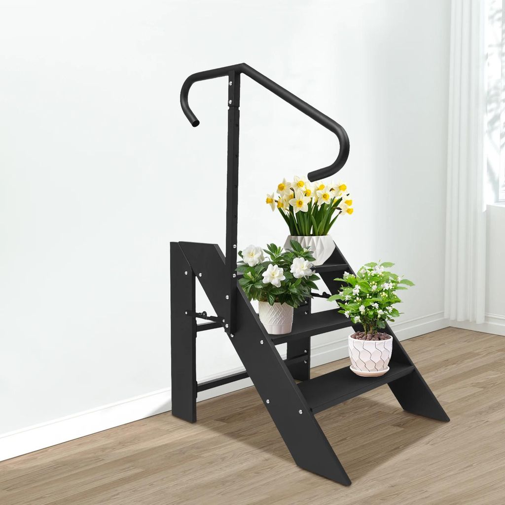 Trittleiter - 3-stufig - Klappbar - Verstellbarer Handlauf - 150 kg Tragkraft - Kohlenstoffstahl - Dunkelgrau