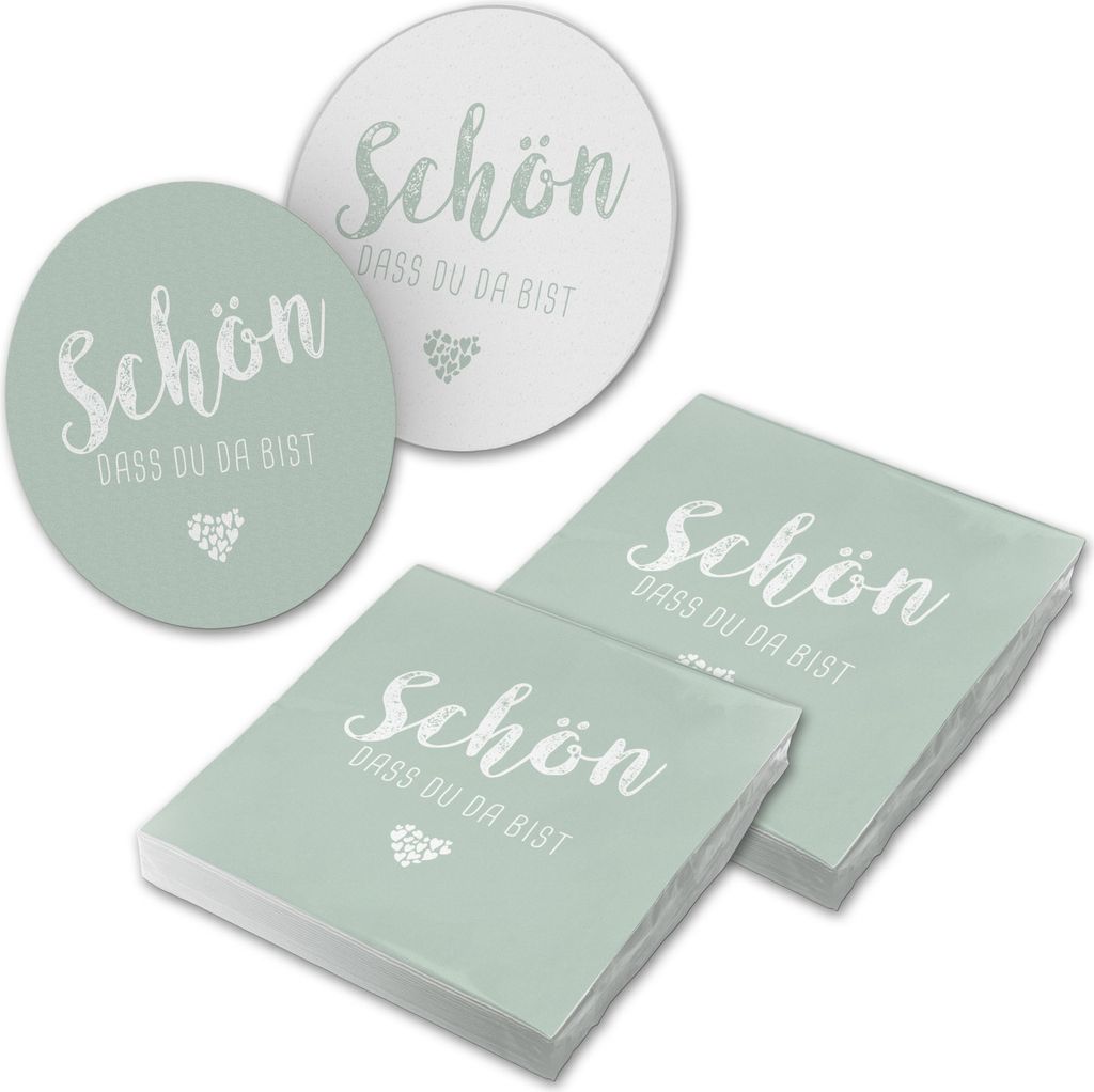 itenga 40x Serviette Schön dass du da bist eukalyptus mit Bierdeckel Set