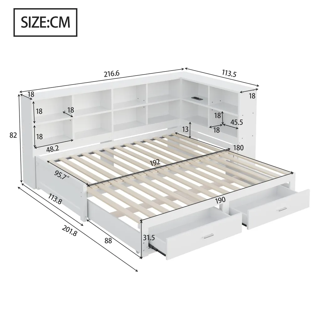 Lit 90x190cm blanc bois : solution gain de place avec tiroirs et USB - 3