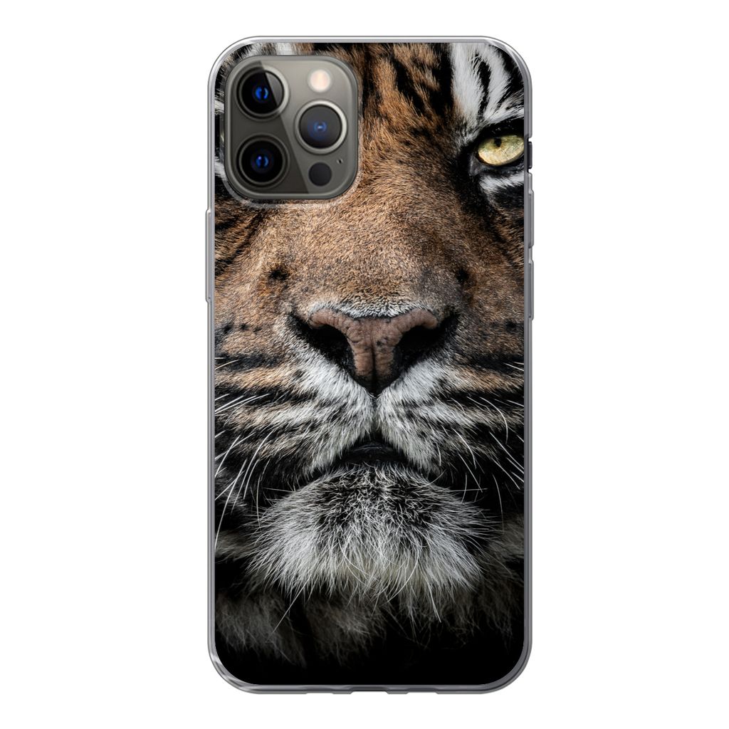 MuchoWow Handyhülle Schutzhülle Hülle für iPhone 12 Pro Tiger - Nahaufnahme - Tier Silikon Softcase Handy Hülle - Abdeckung