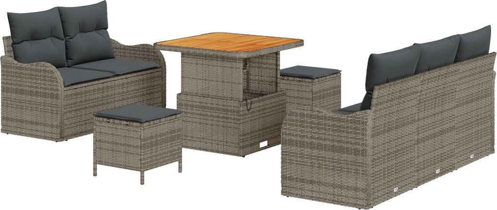 Möbel 8-teiliges Garten-Sofa-Set mit Kissen Graues Poly-Rattan Akazie, 2-Sitzer Garten-Sofa mit Kissen Graues Poly-Rattan, 3-teiliges Garten-Ess-S...