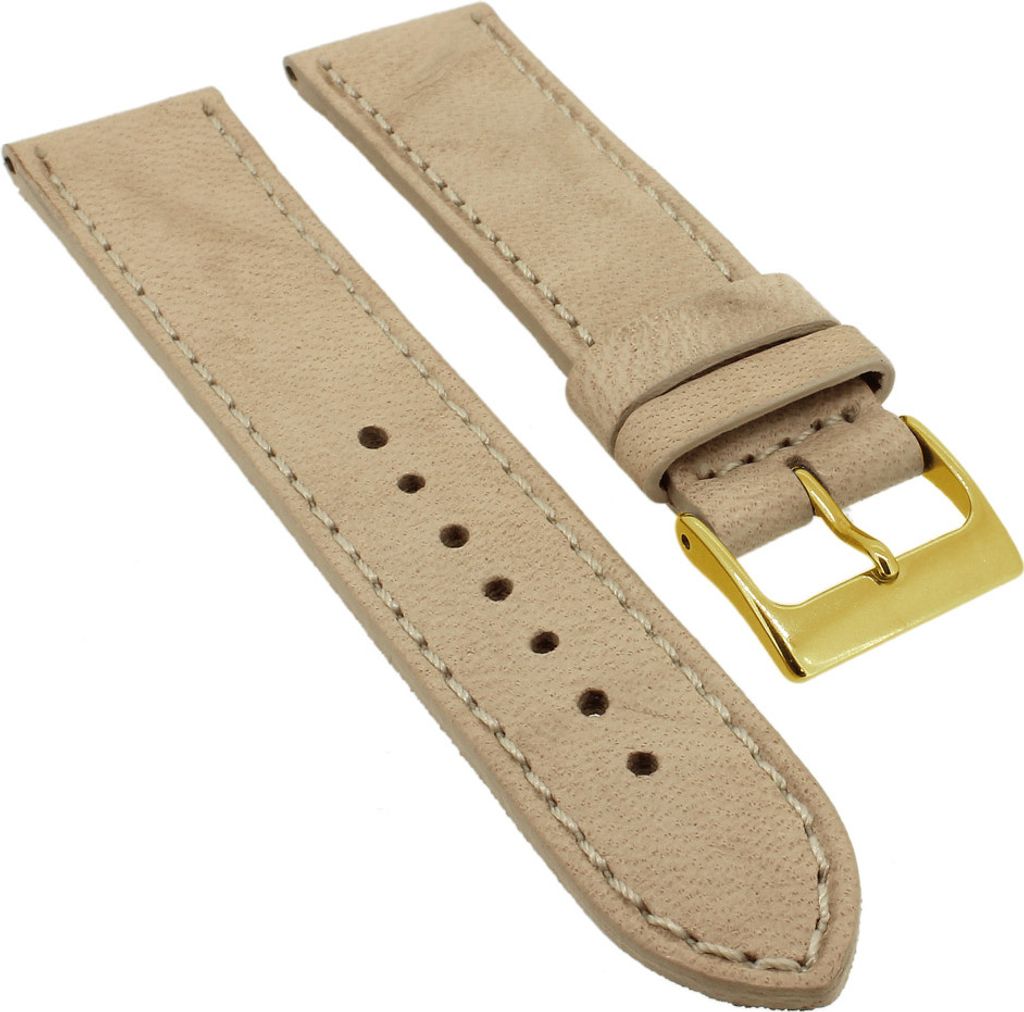 Herzog Piemont Uhrenarmband 18mm glattes weiches Leder genäht > beige , Schließe:Gelbgolden