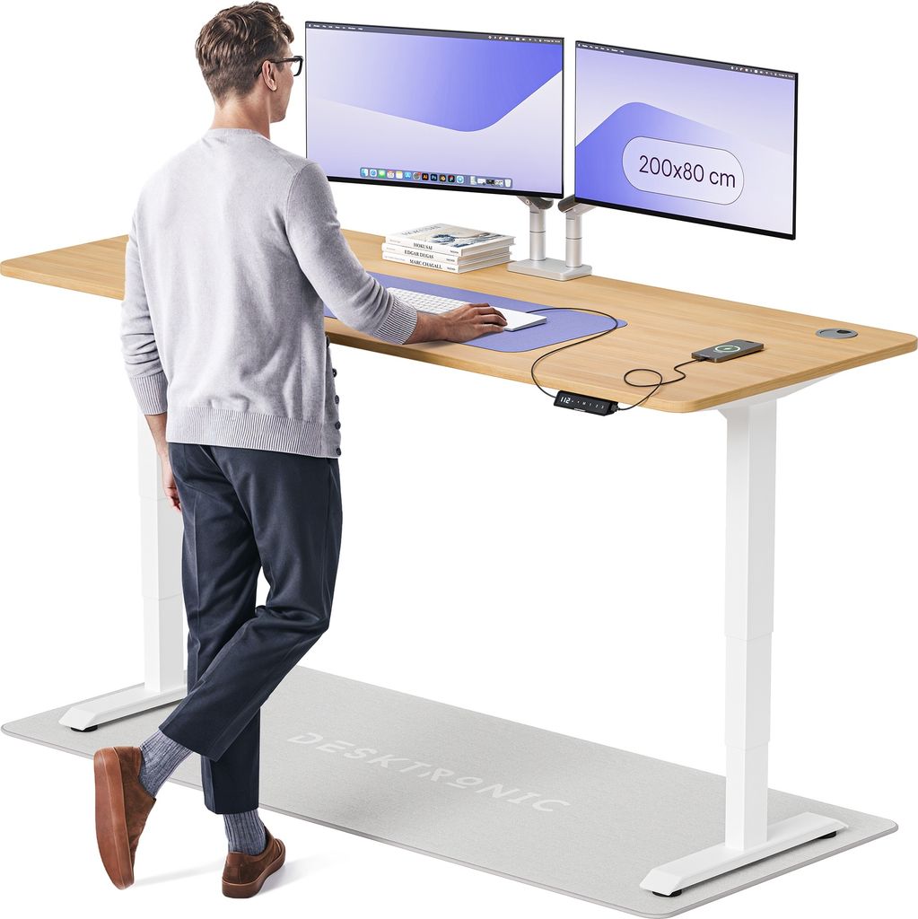 Desktronic HomePro Elektrisch höhenverstellbarer Schreibtisch 200x80cm Weiß/Eiche mit Memory-Funktion, Anti-Kollisions Technologie, USB-A und USB...