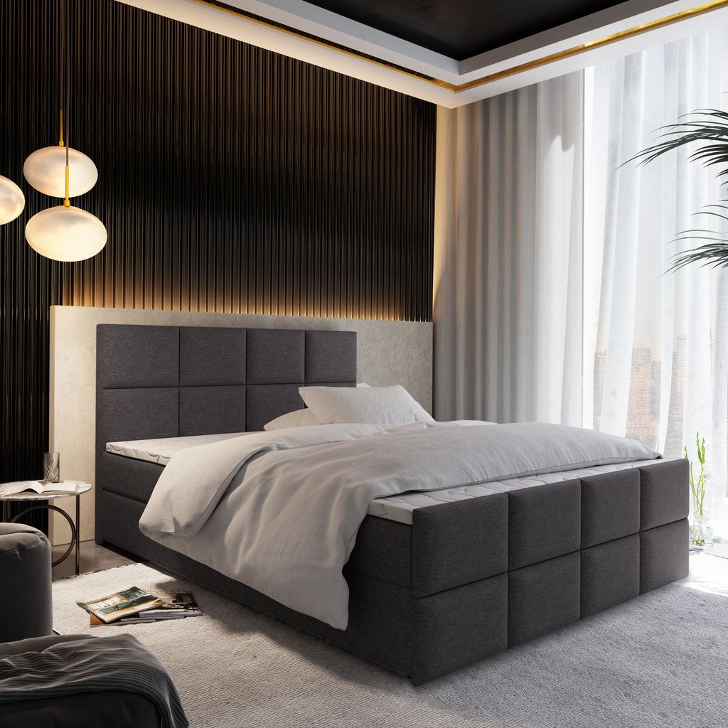 Masseno Boxspringbett ARIEL 140x200 cm Komplett-Set mit Bonell Matratze und Topper, Polsterbett mit Bettkästen -Grau, SAWANA 05