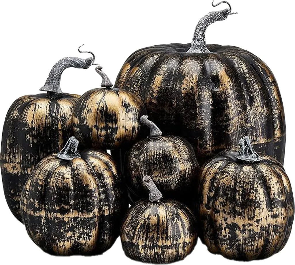 7 pezzi decorazione zucca, lucida e leggera, schiuma, riutilizzabile, per decorazione tavola autunno, foto, nero-oro - 3
