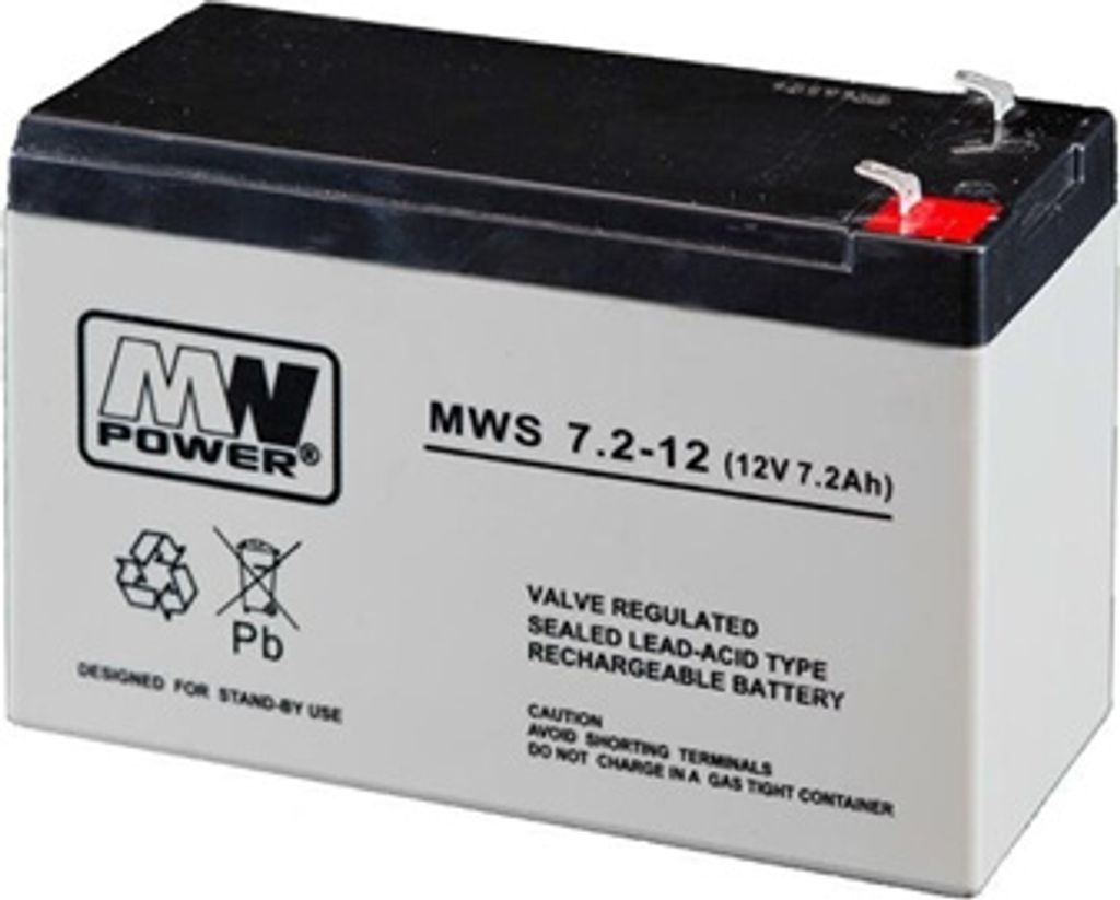 A white and black sealed lead-acid battery with product information printed on its side.