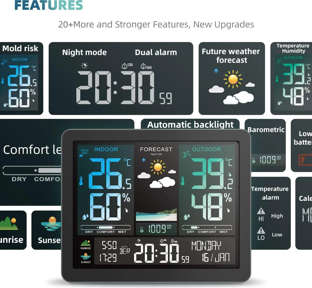 Station météo électronique multifonctions pour bureau à domicile ABS