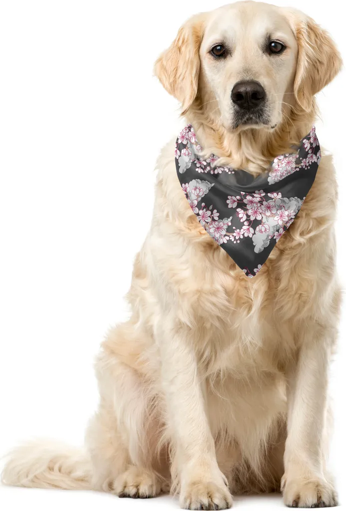 ABAKUHAUS Bandana giapponese per animali domestici, rami di sakura in scala di grigi, 55x55 cm, magenta, grigio e bianco