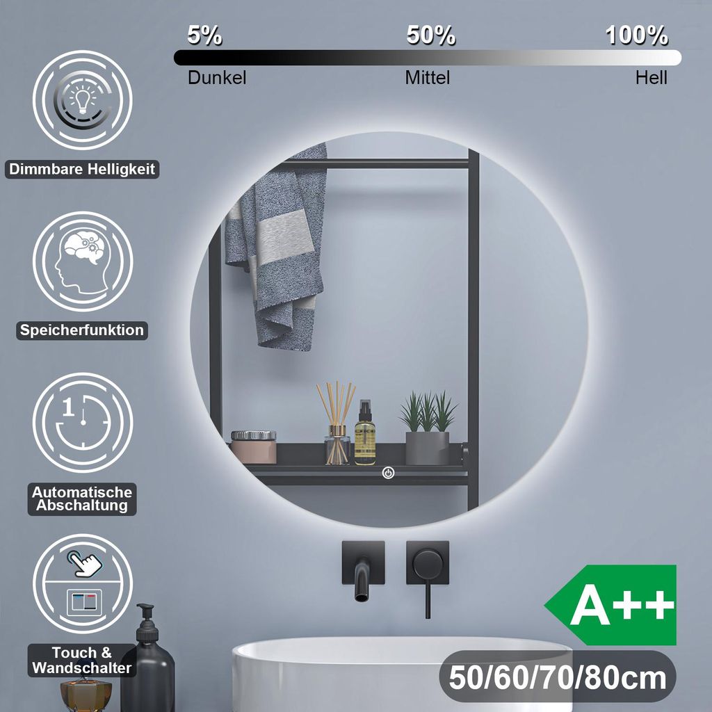 LED Spiegel Rund 60cm Kaltweiß dimmbar Memory eine Stunde Produktbild 