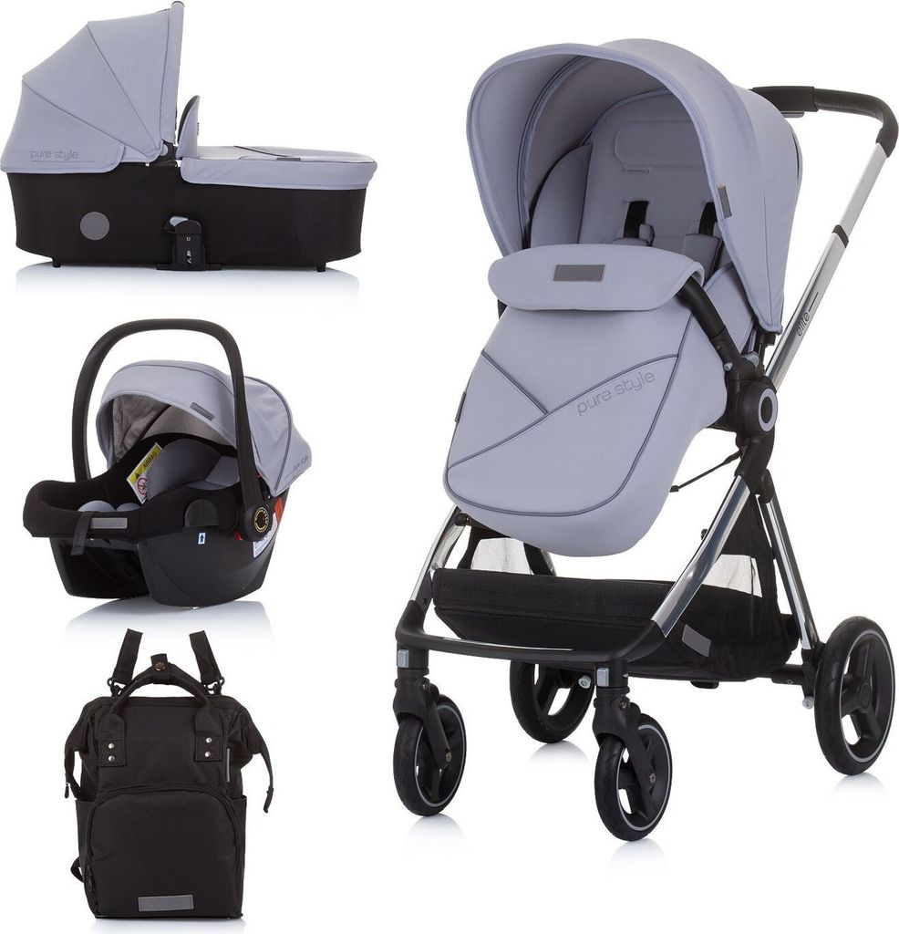 Chipolino Kinderwagen Elite 3 in 1 i-Size Babyschale Sportsitz Babywanne Tasche grau