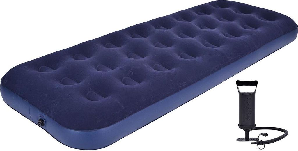 A navy blue inflatable air mattress and a black air pump are shown against a white background.