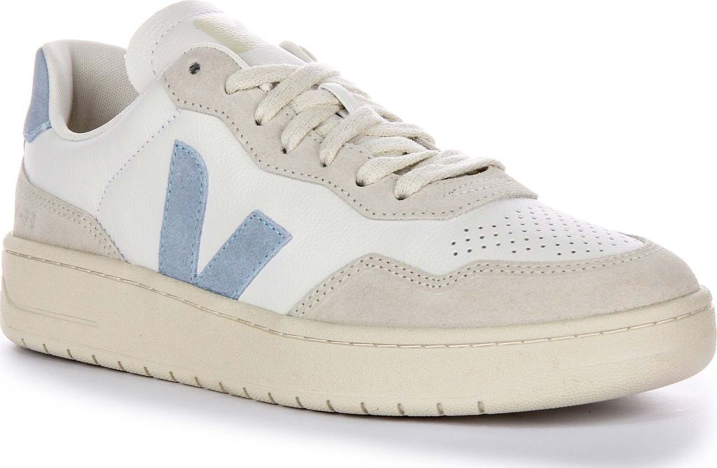 Damen Sneaker aus Leder Veja V 90 mit seitlichem OT Lederlogo und Wildlederpanel in Weiß Blau – 3 Großbritannien - 36 EU - 5 US / Weiß Blau