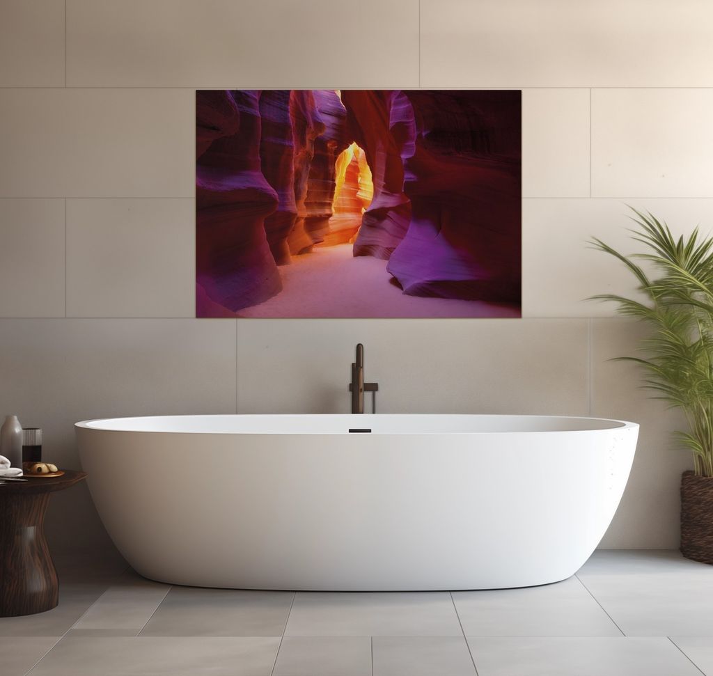 Wallario wasserfestes Poster selbstklebend 70 x 100 cm, Felsschlucht in Arizona USA - orange und violett, Badezimmerposter Spritzschutz mit Hochgla...
