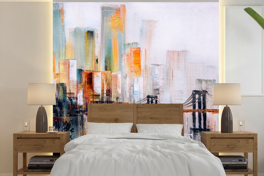 MuchoWow Fototapete für Wohnzimmer oder Schlafzimmer Wandtapete Vinyl Motivtapete Ölgemälde - Skyline - Abstrakt - 350x350 cm - Schlafzimmerta...