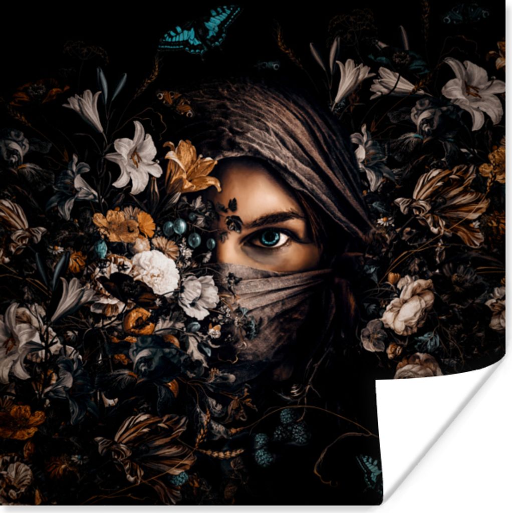 MuchoWow Poster Frau - Luxus - Blumen - Schmetterling - Porträt 30x30 cm - Wandposter - Printing