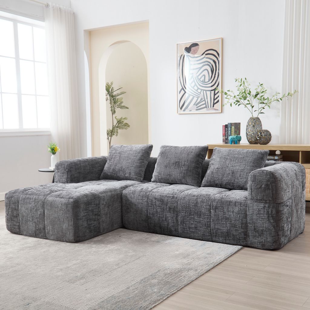 LVHOM Ecksofa mit Schlaffunktion L-Form, Schlafsofa mit Seitentaschen, 3-Sitzer, Wohnzimmersofa, Couch, Bettsofa, Polsterecke Couchgarnitur, Grau