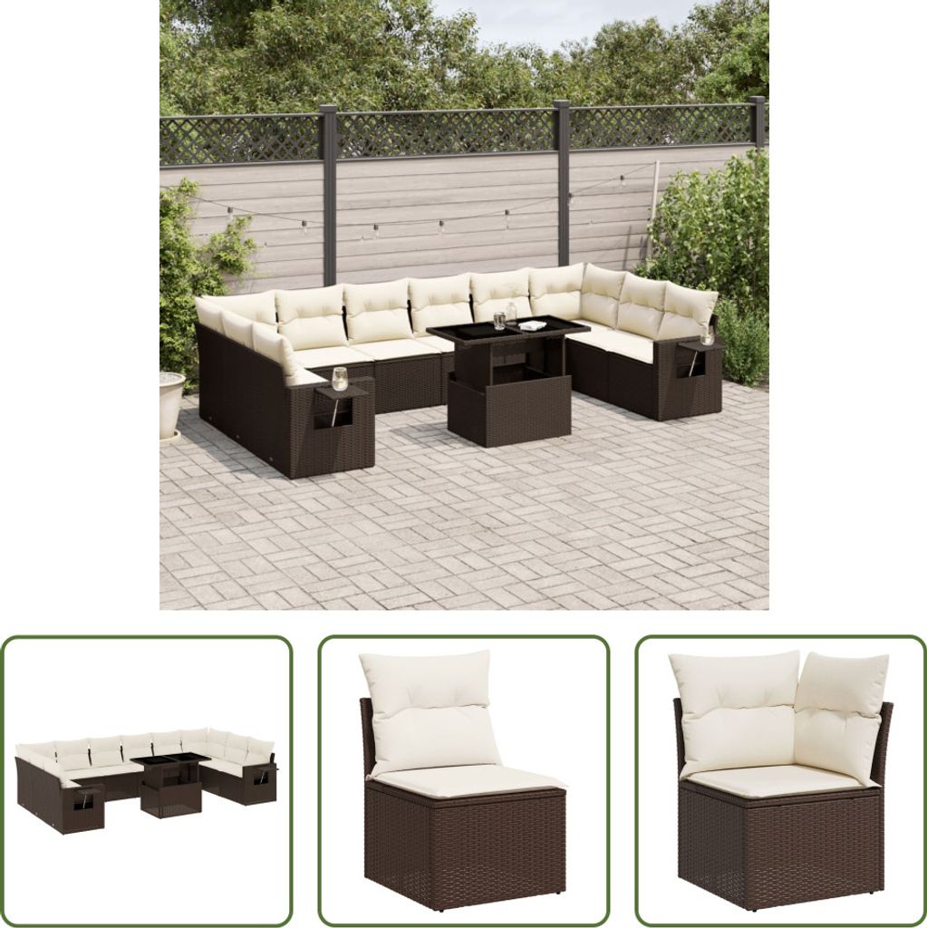 The Living Store 11-tlg. Garten-Sofagarnitur mit Kissen Braun Poly Rattan