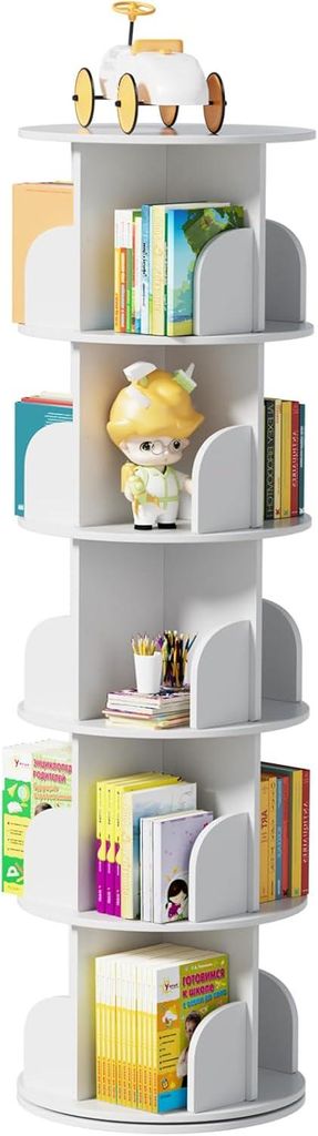Ybaymy rotierendes Bücherregal, 5 Level, stehendes Regal, Büro dekorative 360 ° frei rotatierbare Lagerregal Kinder Erwachsene, weiß