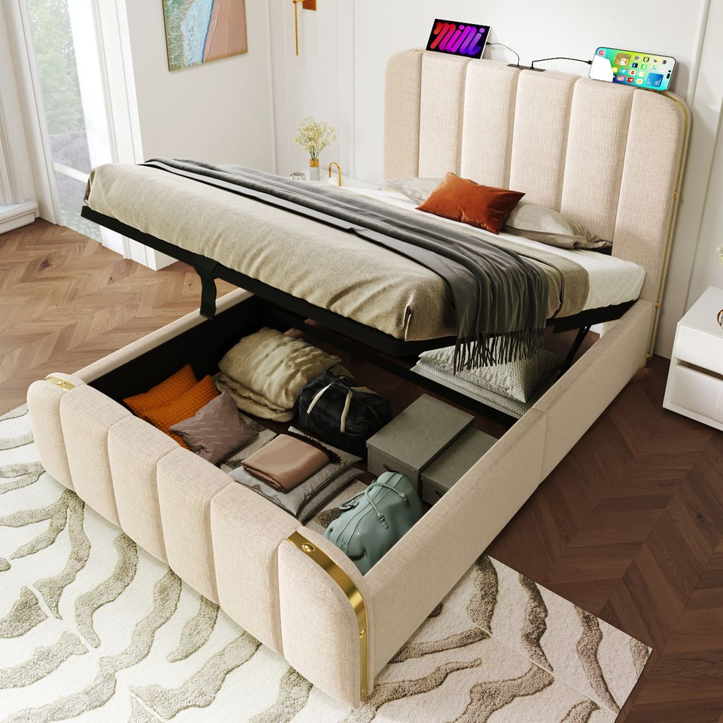 A bed with its storage compartment open, showing stored items, in a bedroom setting.