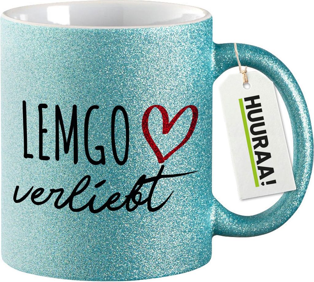 Huuraa Glitzertasse Lemgo verliebt 330ml Blau Keramik Kaffeebecher Geschenkidee