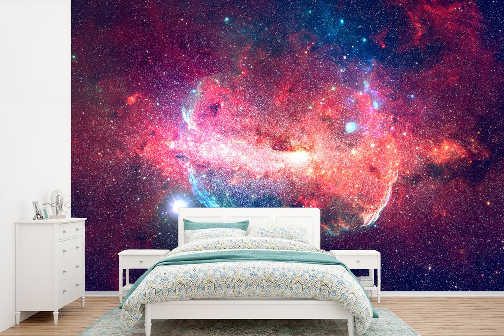 MuchoWow Fototapete für Wohnzimmer oder Schlafzimmer Wandtapete Vinyl Motivtapete Weltraum - Sterne - Orange - 420x280 cm - Zimmer für Kinder