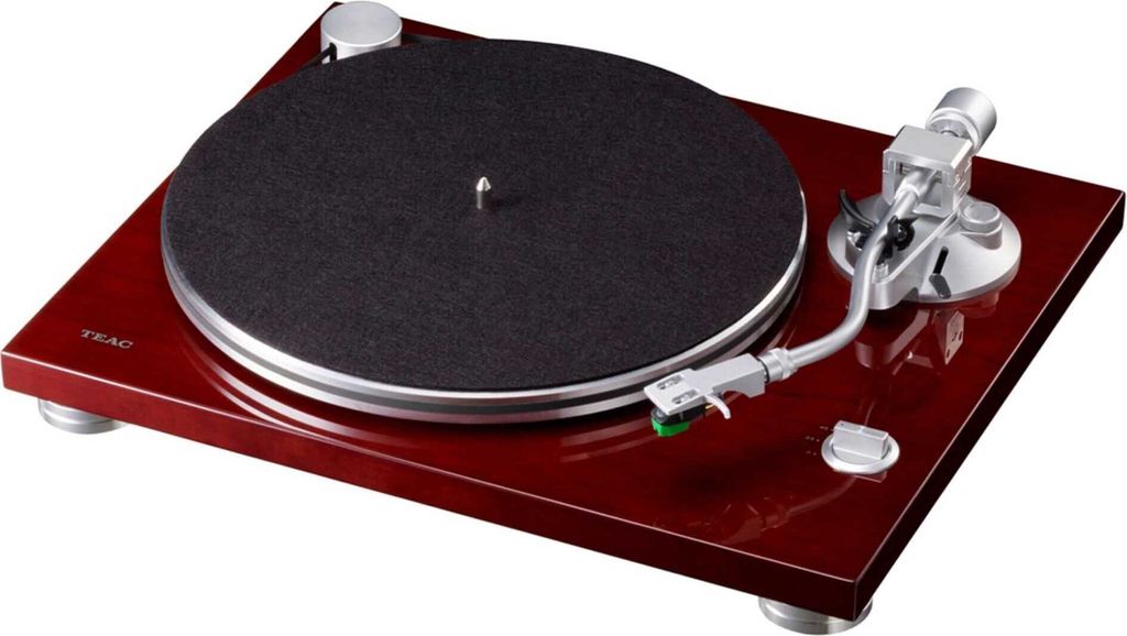 A close-up, angled shot of a Teac TN-3B-SE cherry turntable against a white background.